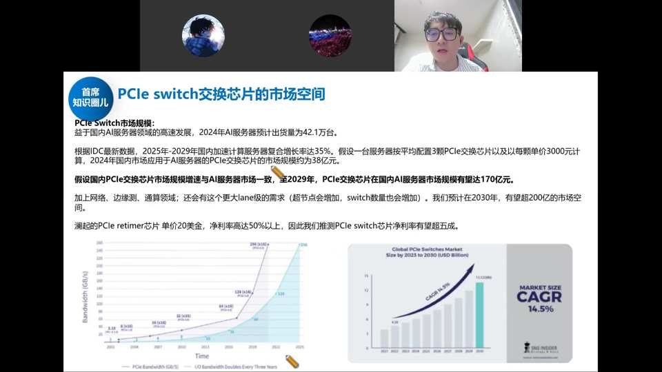 PCIe switch交换芯片的市场空间：2024年38亿元→2029年170亿元→2030年超200亿元，CAGR 14.5%