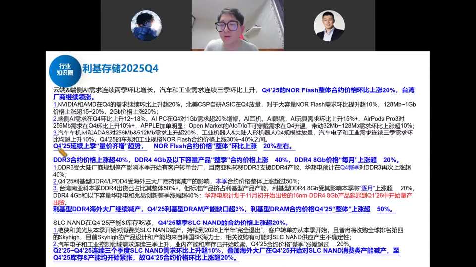 利基存储2025Q4：云端端侧AI需求连续两季环比增长，NOR/DDR3/DDR4/SLC量价齐升